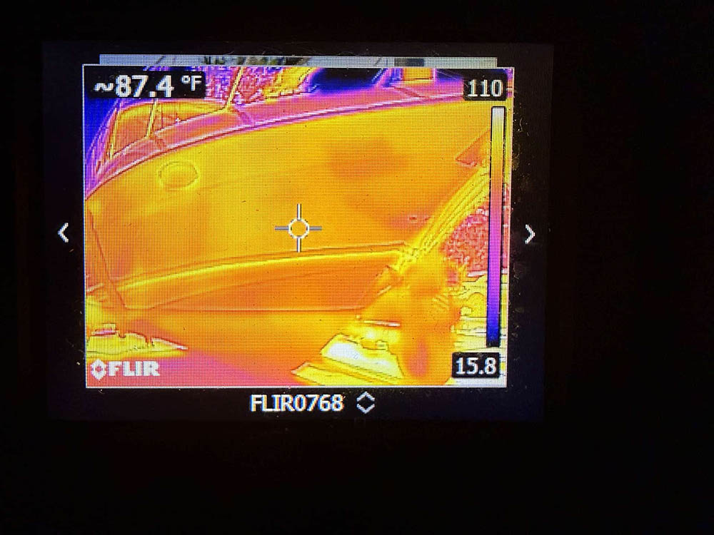 Infrared thermal image of a boat hull during a marine inspection